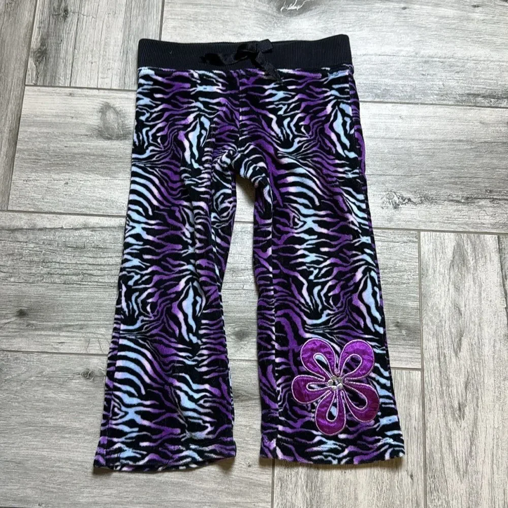 Flap Doodles Toddler Girls Zebra-Print Flower Embroidered Pants Purple Size 2T